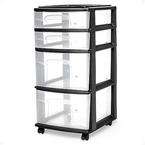 HOMZ Drawer Tower, 4-Tier Clear Plastic Storage Organizer Cart, Black Frame - Multi-Purpose Rolling Drawers with Wheels for Bedroom, Bathroom, and Office Organization