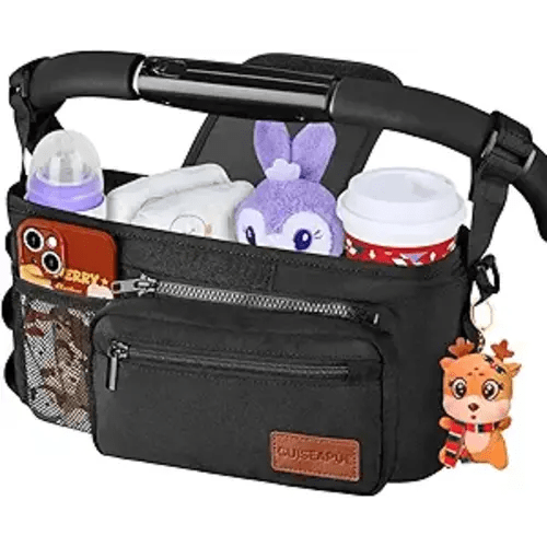 Guiseapue Universal Stroller Organizer with Cup Holder: Baby Essentials, Stroller Caddy Accessories with Detachable Phone Bag, Non-Slip Straps, Fits for Uppababy, Baby Jogger, New Moms Baby Gifts