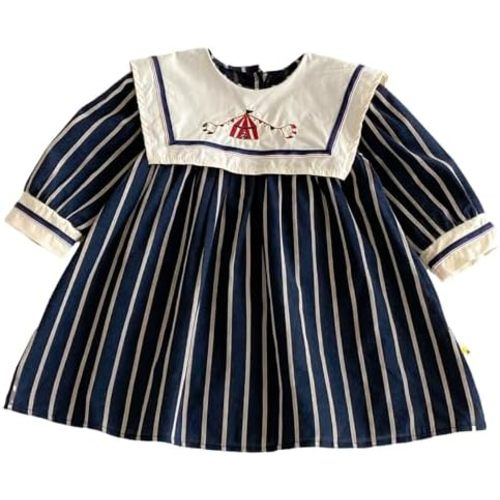 Baby Girls Long-Sleeve Navy Collar Striped Dress with Embroidery, 6 Months-5 Years, Summer Casual Style