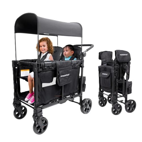 WONDERFOLD W2 Elite Pro Stroller Wagon (2 Seater) - Collapsible Wagon Stroller with Seats with 5-Point Harnesses, Adjustable Push Handle, and Adjustable Sun Canopy, Charcoal Gray