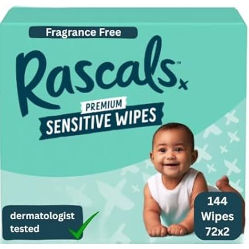 Rascals+Friends Premium Sensitive Baby Wipes, Fragrance Free, Hypoallergenic, Dermatologist Tested, 99% Natural Formula, 72 Count Pack of 2