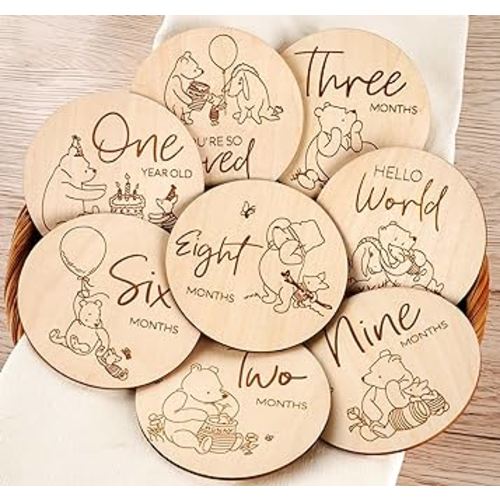 Winnie Baby Monthly Milestone Marker, Wooden Discs for Baby Photo Props with Hello World Newborn Sign - 8Pcs Double Sided Signs- Laser Engraving