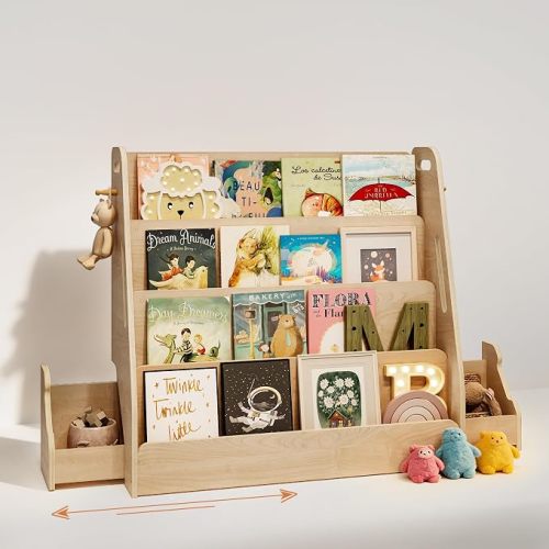 Kids Bookshelf with Drawers & Hooks, 4-Tier Forward-Facing Book Display for Toddlers, Wooden Magazine Rack with Hidden Toy Storage, Montessori-inspired Bookcase for Bedroom, Nursery & Classroom