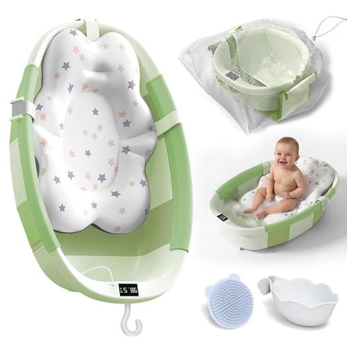 Collapsible Baby Bathtub - Large Baby Bath Tub with Thermometer | Bath Essential Bañera para Bebe Easy Fold Baby Tub | Travel Infant Newborn Toddler Bathtub for Baby Girl Boy 0 to 36 Months(Green)