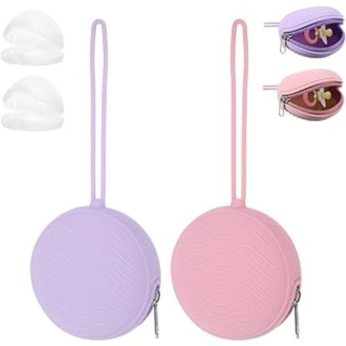 2 Pack Pacifier Holder Case, BPA-Free Silicone Portable Pacifier Case Holder Pouch for Baby Boys & Girls, Travel Storage Container for Newborn, Diaper & Strollers(Pink/Purple)