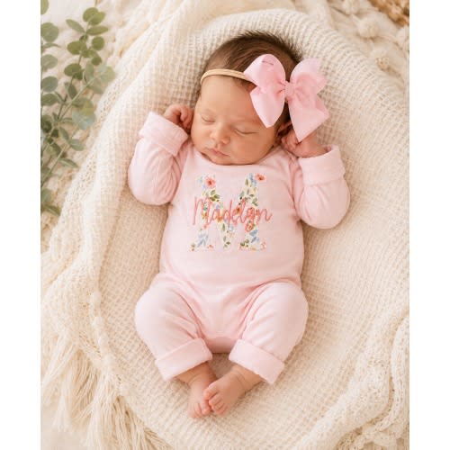 Personalized Baby Girl Pink Wildflower Coming Home Outfit: Embroidered Pink Floral Initial Footie & Hat Take Home Hospital Outfit
