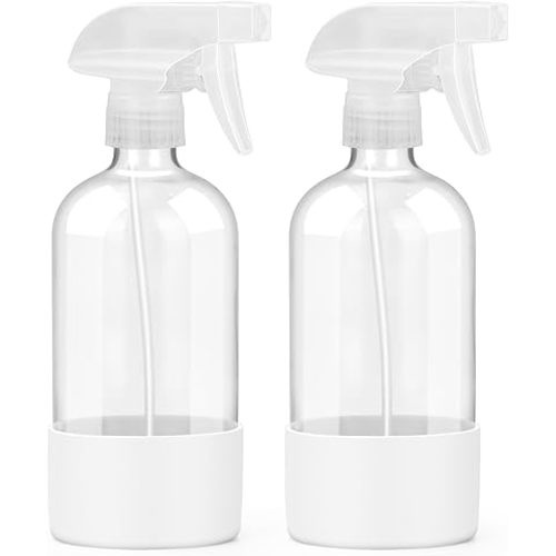 2 Pack Glass Spray Bottles with Silicone Sleeve, 16 oz Empty Refillable Containers with Adjustable Spray Nozzles, Spray Bottles for Hair, Cleaning Solutions and Plants White