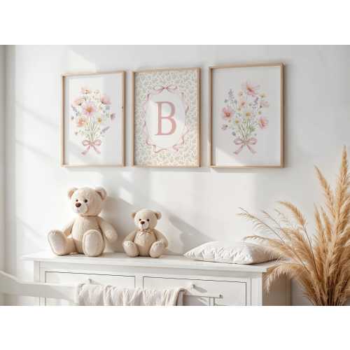 Cottagecore Nursery Wall Art Set of 3: Coquette Baby Girl Room Decor, Pink Floral Prints with Bow & Initial, Above Crib Art