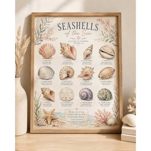 Boho Seashell Identification Chart Coastal Wall Art Pastel Watercolor Beach Decor 11x14 Ocean Shell Poster