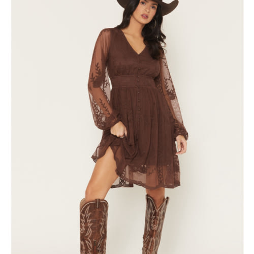 Shyanne Women's Embroidered Mesh Long Sleeve Button Front Mini Dress