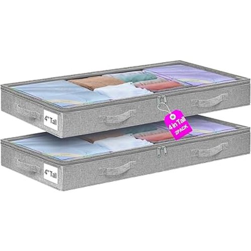 punemi Under Bed Storage Containers, Below 4 Inches Tall Low Profile Underbed Storage, NO STRUCTURE, Soft Foldable Underbed Cloth Storage Bags, Zipper Blanket Storage Container, 2Pack, 20x40x3.7in