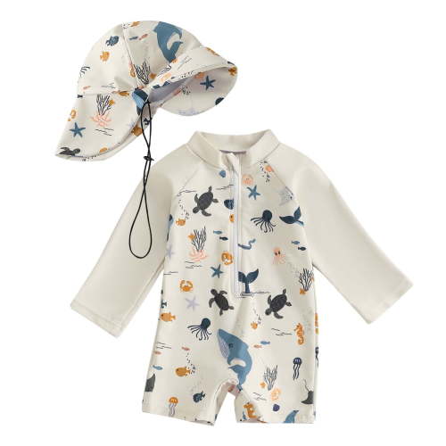 WOYY Baby Boys UPF 50+ Long Sleeve Rash Guard One-Piece Swimsuit with Cap, Sizes 6-12 Months
