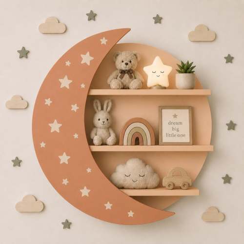 Handmade Moon Shelf, Celestial Nursery Decor, Scandinavian Style Sage Green Wood Wall Shelf