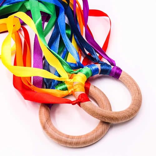 TANOFAR Montessori Hand Kite | Baby Sensory Ribbon Toy | Waldorf Wooden Toys for Toddlers | Rainbow Design