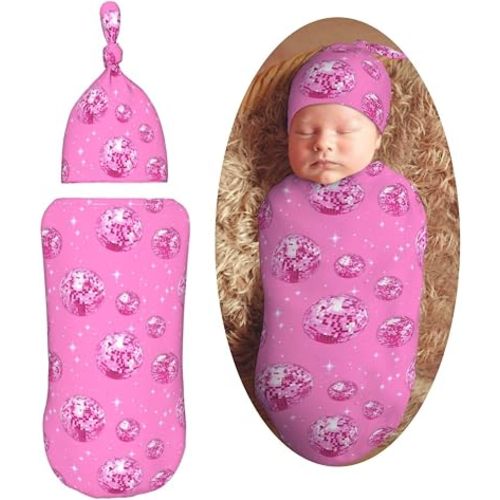 Bright Pink Disco Ball Newborn Swaddle Blankets Hat Sets Soft Baby Receiving Blanket Swaddle Sack for Baby Shower Infant Boy Girl Gift
