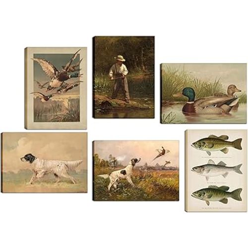 6Pcs Nursery Hunting Wall Art Vintage Fishing Boy Wall Decor Mallard Duck Painting Pictures Hunting Dog Pheasant Posters Prints for Boys Room Farmhouse Canvas Framed