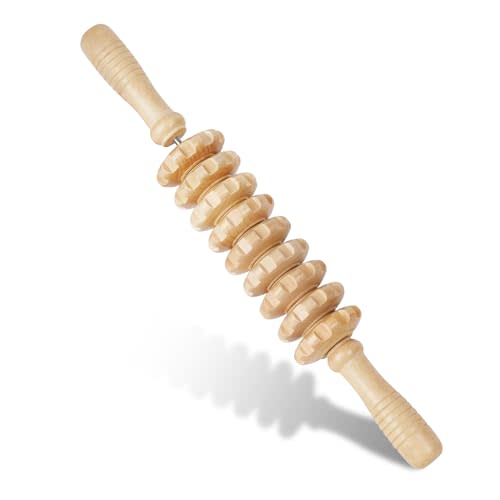 Liitrton Manual Wooden Massage Roller Stick for Muscle Relief, 9‑Wheel | Smooth Body Roller, Wood Therapy Massage Tools for Trigger Point Relief, Legs Sore Muscle Recovery