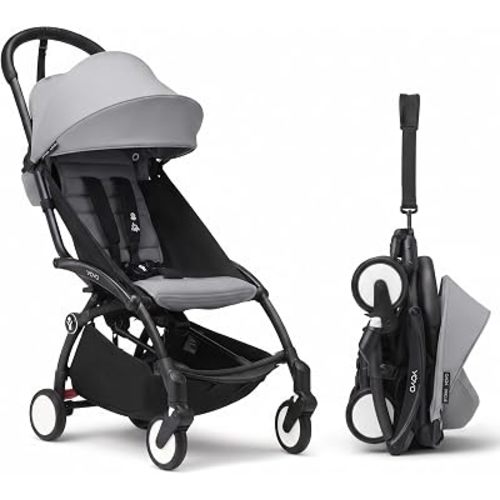 Stokke YOYO3 Stroller from 6 Months - Includes Black Frame/Stone Seat Cushion + Canopy - Folds in & Out in a Flash - Light & Compact - Carry-On Compatible