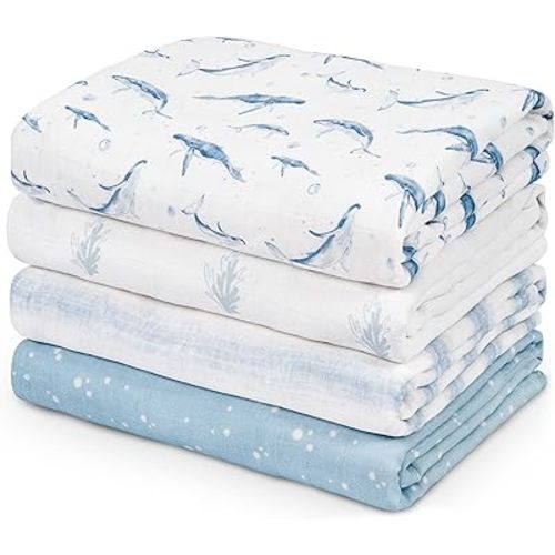 Muslin Swaddle Blankets for Newborn, 4 Pack Cotton Baby Blankets for Boys, Large 31.5 x 43.3 Breathable Soft Receiving Blanket, Essentials Swaddle Wrap Burping Clothes, Blue Whale