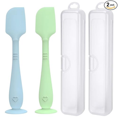 2 Pack Diaper Cream Spatula with Hygienic Travel Case, Butt Spatula Baby with Suction Base, Baby Butt Paste Spatula, Soft Silicone Diaper Rash Cream Applicator Large Size (Blue & Green)