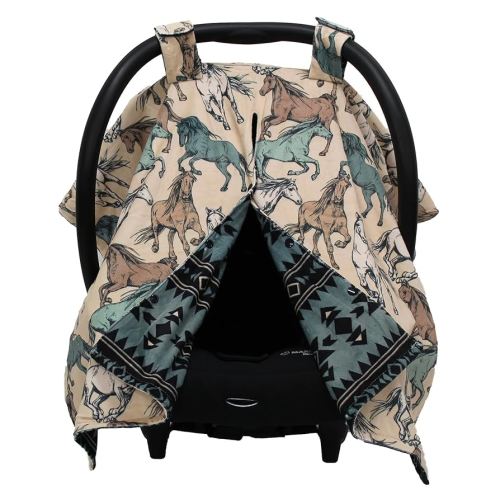 Dear Baby Gear Car Seat Cover for Boys & Girls - Baby Carseat Canopy w/Snap Opening - Infant Seat Cover - Stroller & Nursing Covers - Newborn Carrier Canopy -40x30"(Tan Teal Cream Horses, Aztec Teal)