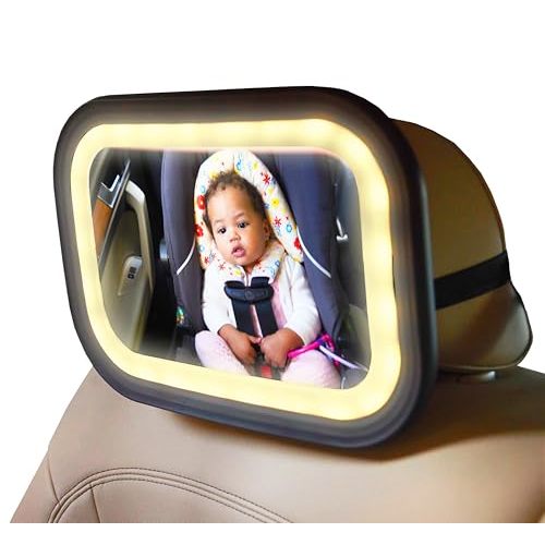 GoldBug Glow Mirror - XL Rear-Facing Baby Car Seat Mirror with Adjustable LED Lighting & Remote Control