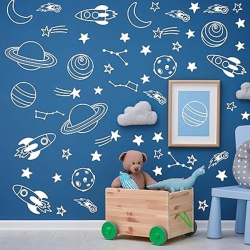 Space Wall Decals,Outer Space Stars Wall Sticker,Planets, Shooting Stars,Rocket Self-Adhesive Mural，Removable Planet Sticker for Living Room Baby Nursery Kids Room Wall Decoration