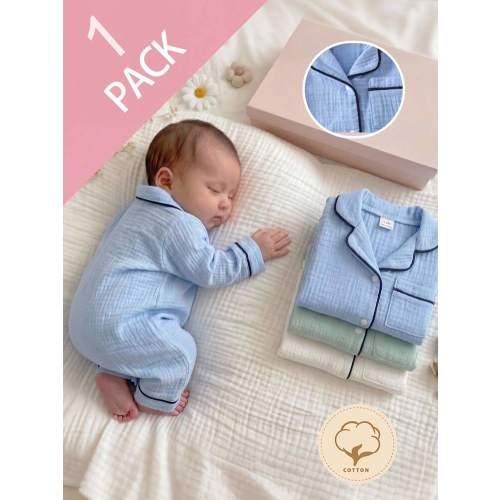 SHEIN Newborn Home Fall Autumn/Winter Jumpsuit Pajamas, Cotton Crinkle Fabric With Piping Trim Long Sleeve Lapel Striped Button Soft Cozy Cute Loungewear | SHEIN