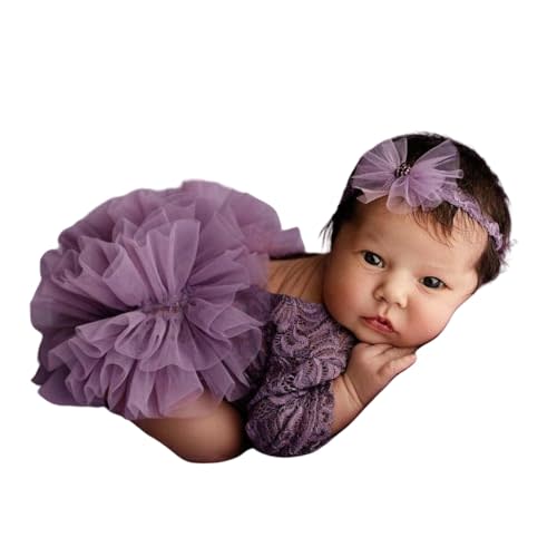 Newborn Photography Outfits Girl, Baby Girl Photoshoot Props, Lace Romper with Headband for 0-1 Months Newborn