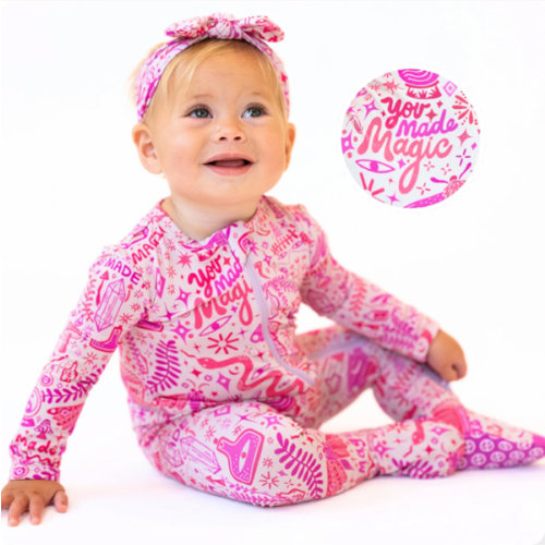 Bamboo Footie Zipper Baby Pajama - Mystic Mama Pink Bamboo Onesie Sleeper - You Made Magic Affirmation – Raising Mama