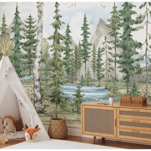 Lake in the Forest and Mountains Peel and Stick Wall Mural - Green Woodland Kids Nursery Removable Decal - Self Adhesive Wallpaper WM057