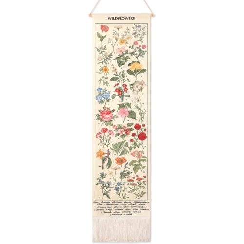 Geetery Vintage Floral Vertical Tapestry Wall Hanging Long Narrow Wall Fabric Flower Hanging Reference Illustrative Botanical Tassel Tapestry for Home Decor Gift(White)