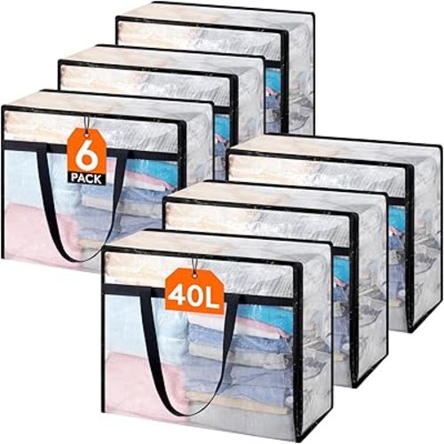 Lifewit 6 Pack Clear Blanket Storage Bags, Foldable Plastic Clothes Organizer with Zipper, Closet Organization Containers and Moving Bag for Comforter, Bedding, Duvet, 40L