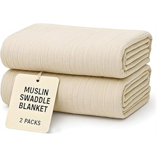 Muslin Swaddle Blankets 40x40 Inches Set of 2 Beige Baby Swaddles, Gender Neutral Muslin Baby Blanket Set, Large Receiving Blankets for Newborn Boys & Girls, Soft, Breathable