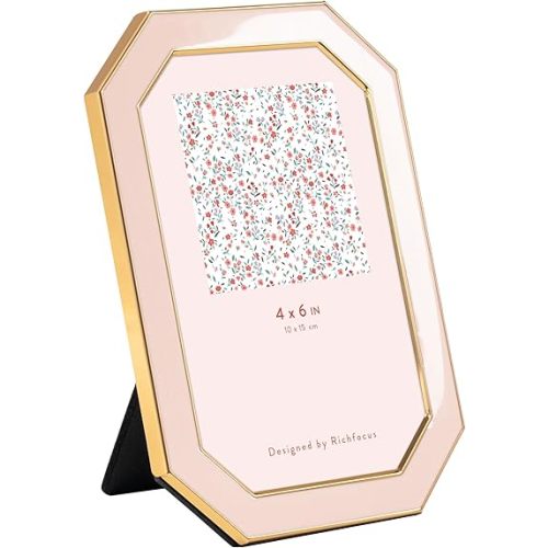 RICHFOCUS 4x6 Enamel Picture Frame with HD-Tempered Glass, Octagon Photo Frame with Gold Metal Edge and Velvet Back for Tabletop and Wall Mount Display, Pink