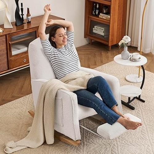 FOXHUNTER Rocking Chair, Nursery Chair with Adjustable Footrest and High Backrest, Glider Chair for Nursery with Side Pockets, Upholstered Rocking Chair for Living Room (Teddy, White)