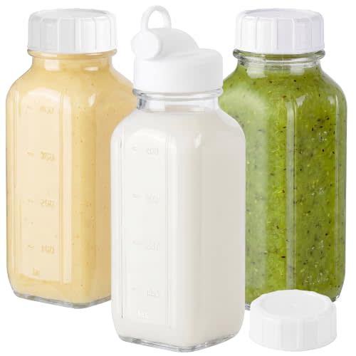 CUCUMI 3 Pack 16 Oz Glass Milk Container for Lunch Box | Glass Milk Bottles with Lids, Clear Juice Bottles with 1 Pour Spouts, Airtight Caps & Scale for Juicing Containers