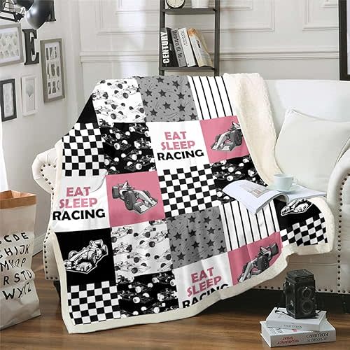 Pink Race Car Throw Blanket Racing Cool Speed Fleece Blanket Extreme Car Sports Fuzzy Blanket Baby Size for Girls Youth, Race Geometry Checkered Patchwork Theme Sherpa Blanket for Bed Couch Sofa