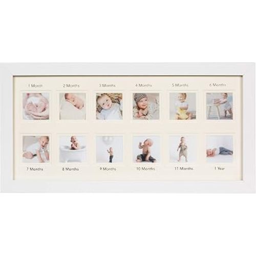 WOOD SIDE ORBIS First Year Newborn Baby Collage Keepsake Picture Frame for Photo Memories with Double Beige Mat and Twelve 2.5x2.5 Slots - White