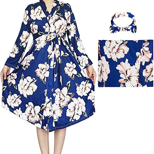 SUFEINI Maternity Robe and Matching Baby Swaddle Blanket Set, Mommy Robe with Receiving Blanket Girls Boys Sleepwear