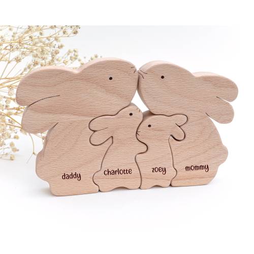 Wooden Bunny Family Puzzle: Personalized Beechwood Easter Gift