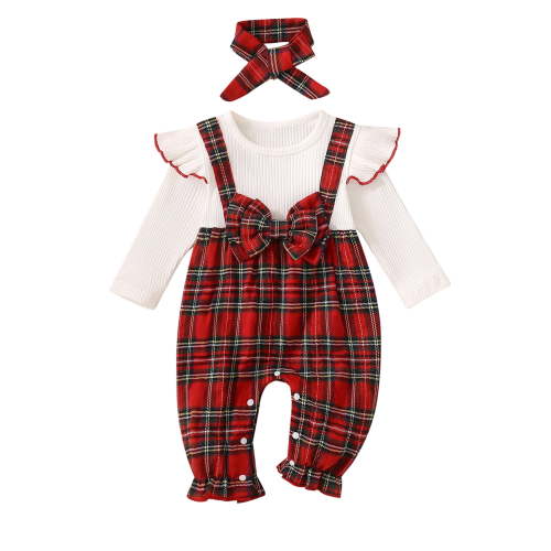 Loicainy Infant Baby Girl Fall Romper Outfit 3 6 9 12 18 Months Plaid Fake Two-Piece Ruffle Long Sleeve Jumpsuit and Bow Headband 2 Piece Set