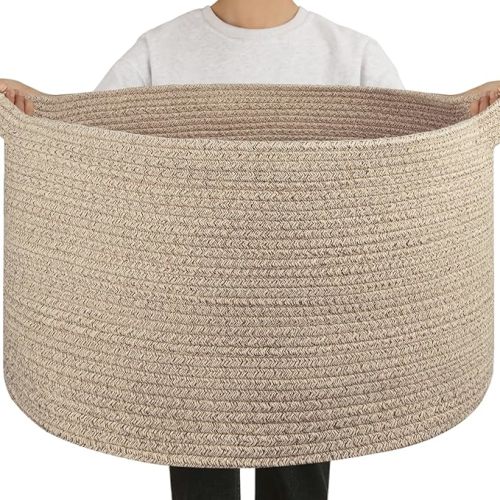 OIAHOMY 90L Blanket Basket for Living Room, Large Basket 23" x 23" x 13" with Handle, Laundry Hamper for Blankets, Pillows, Toy Storage for Kids, Dogs - Brown