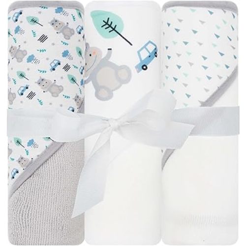 Hooded Baby Towels 3-Pack – Soft Baby Bath Towels with Hood for Newborns & Toddlers, Baby Hooded Towel Set, 30" x 26" (Hippo Cars)