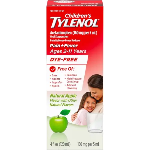 Children's Tylenol Liquid Pain Relief & Fever Medicine, Acetaminophen Oral Suspension, Free of Dyes, Aspirin, Ibuprofen, High Fructose Corn Syrup; Natural Apple Flavor, 4 fl. Oz