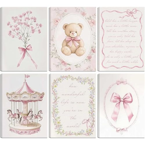 6pcs Pink Vintage Baby Girl Nursery Wall Art Prints Cute Carousel Teddy Bear Canvas Wall Decor Paintings Pink Bows Floral Posters Pictures for Little Girl Bedroom Kids Room Decor 8x10inch Unframed
