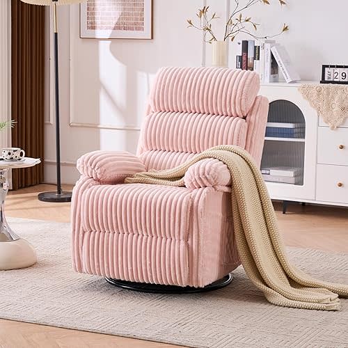 Snug-Cushioned Velvet 360° Swivel Recliner Chair - Gliding Rocking Chair Nursery Recliner, Generous Footrest, Padded Armrests & Side Pocket, Perfect for Nursery & Compact Spaces, Pink
