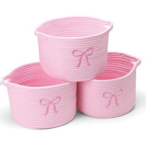 3 Pcs Pink Bow Small Baskets Coquette Bow Woven Cotton Rope Storage Basket 9.7'' x 7.1'' Laundry Organizer with Handles for Toys Clothes Organization Nursery Bedroom