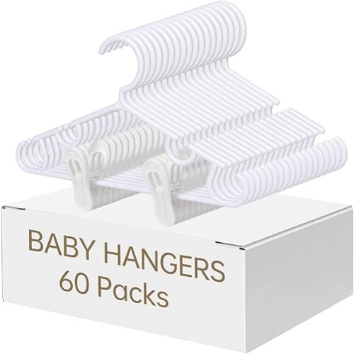 Nursery Baby Hangers with Clips, 20 Newborn Kids Plastic Clothes Hangers for Toddler Pants – with 40 Clips for Children's Clothes Packs(White,60 Packs)