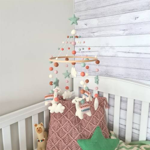 Pink Llama Baby Mobile, Felt Animals Nursery Decor, Handmade